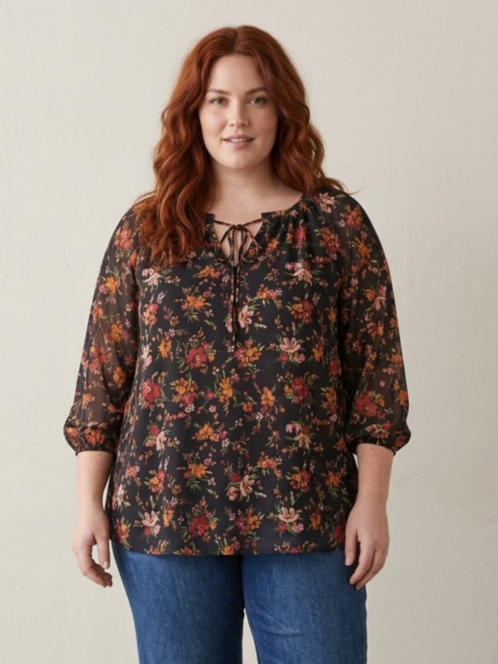 Les Serein Women's Size 2X Black Floral V-Neck Tie Bohemian Blouse